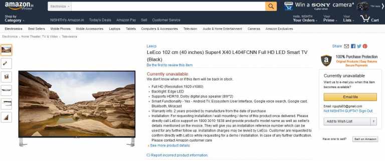 LeEco Super4 x40 SmartTV are Now listed on Amazon.in