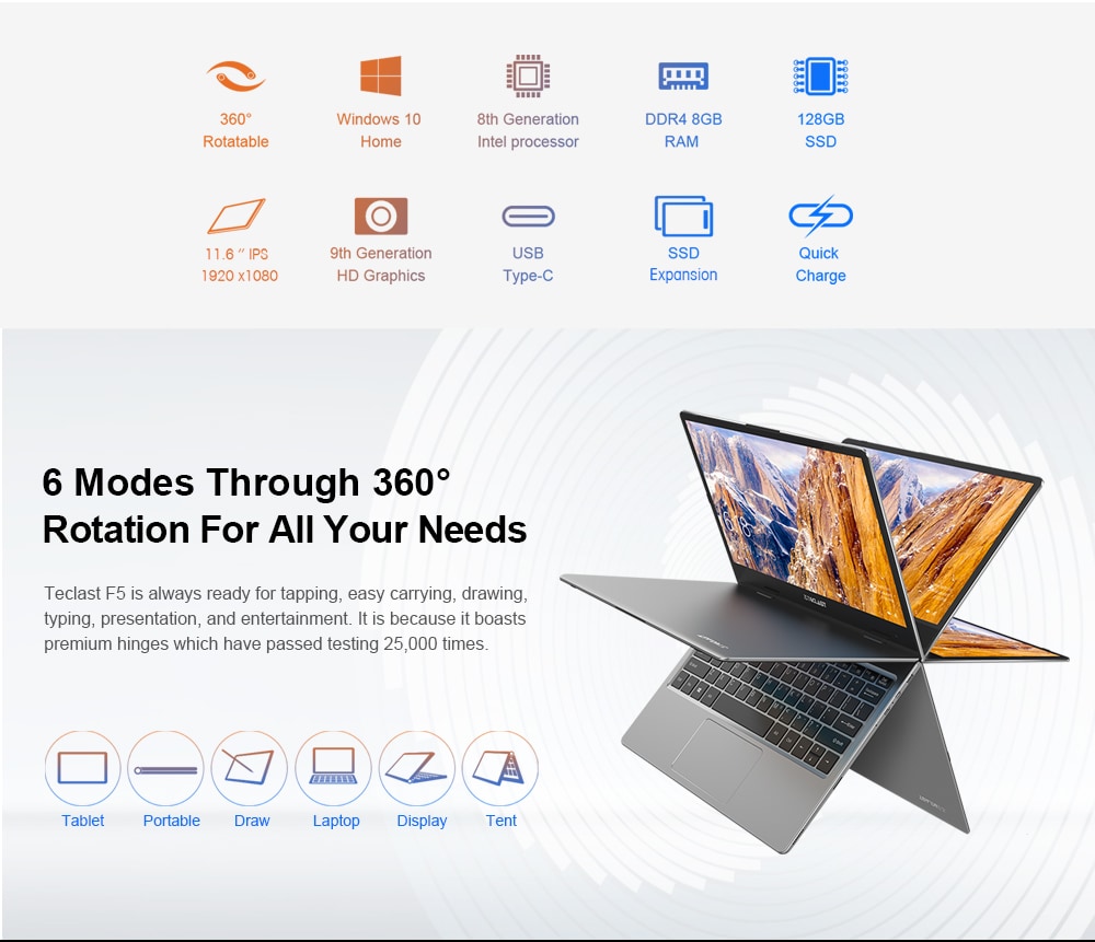Teclast F5 Laptop 360° Rotating Touch Screen